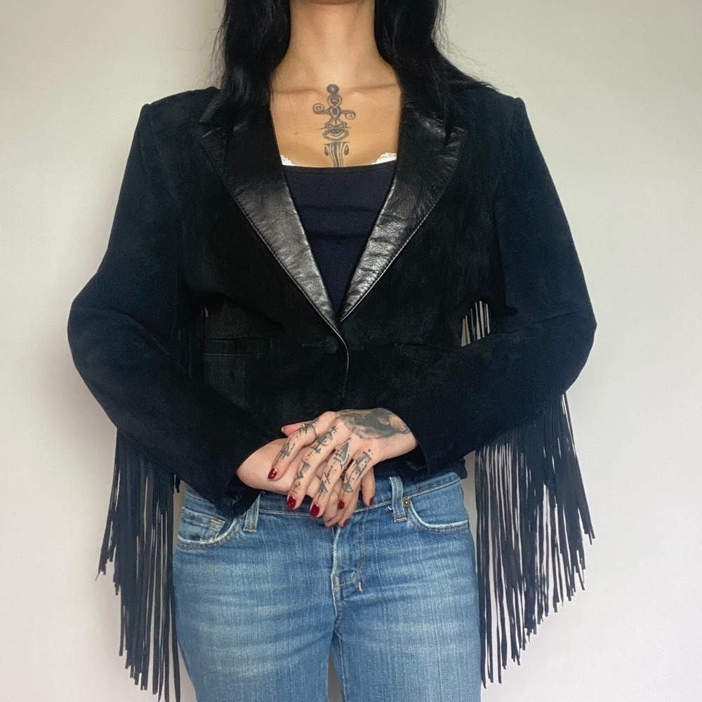 Vtg Diamond Leathers Made in USA Black Leather Suede Fringe Moto Jacket sz 14